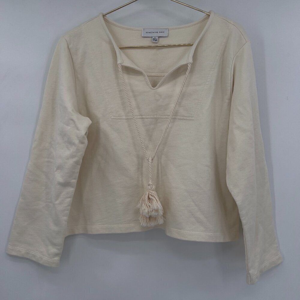 Something Navy Tassel Tie Sweatshirt Split Neck Beige Cotton Women's L - Picture 2 of 8
